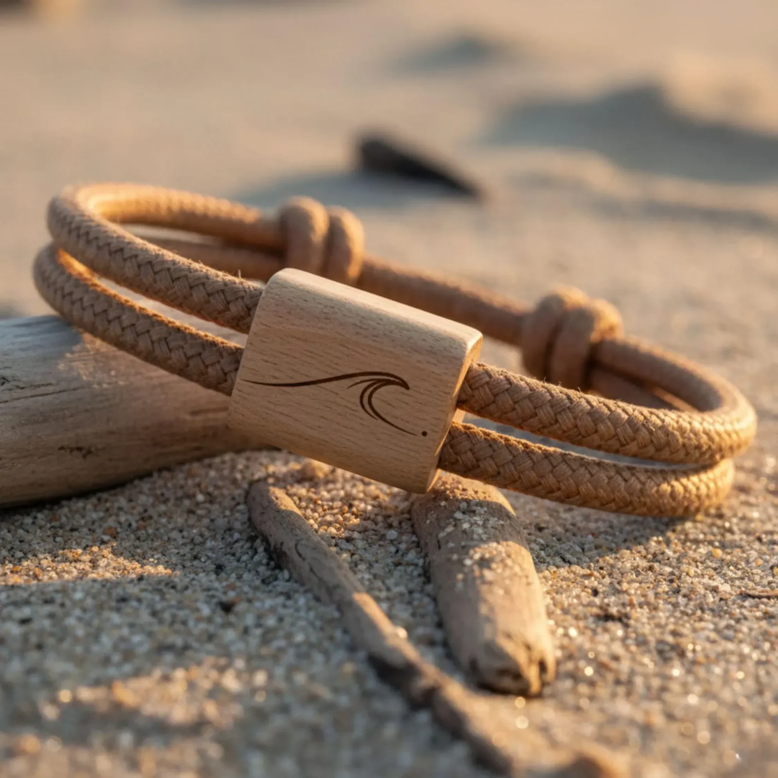 Bracelet posé sur du bois flotté, sur le sable d'une plage au soleil couchant