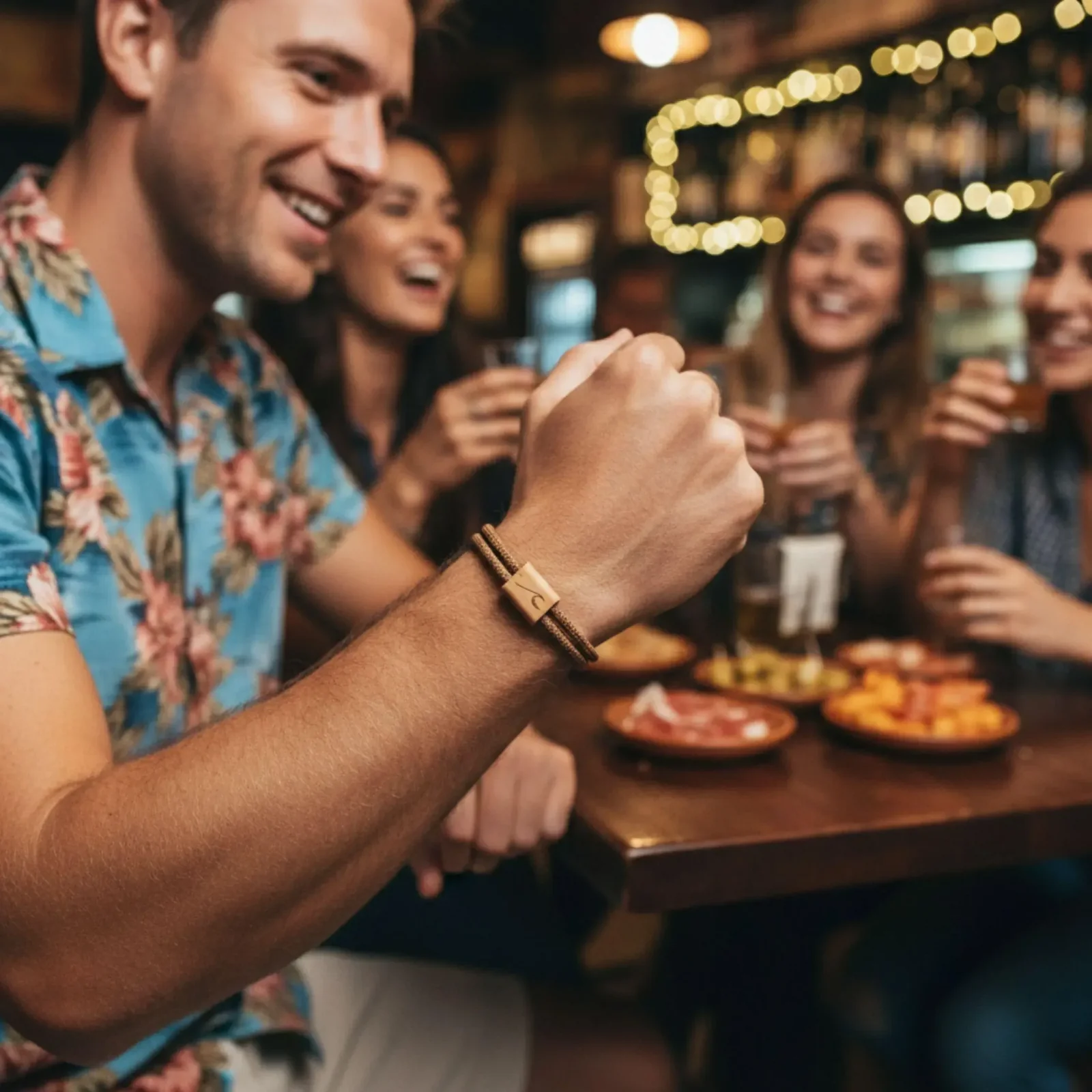 Bracelet porté lors d'un repas entre amis, verres levés en arrière-plan