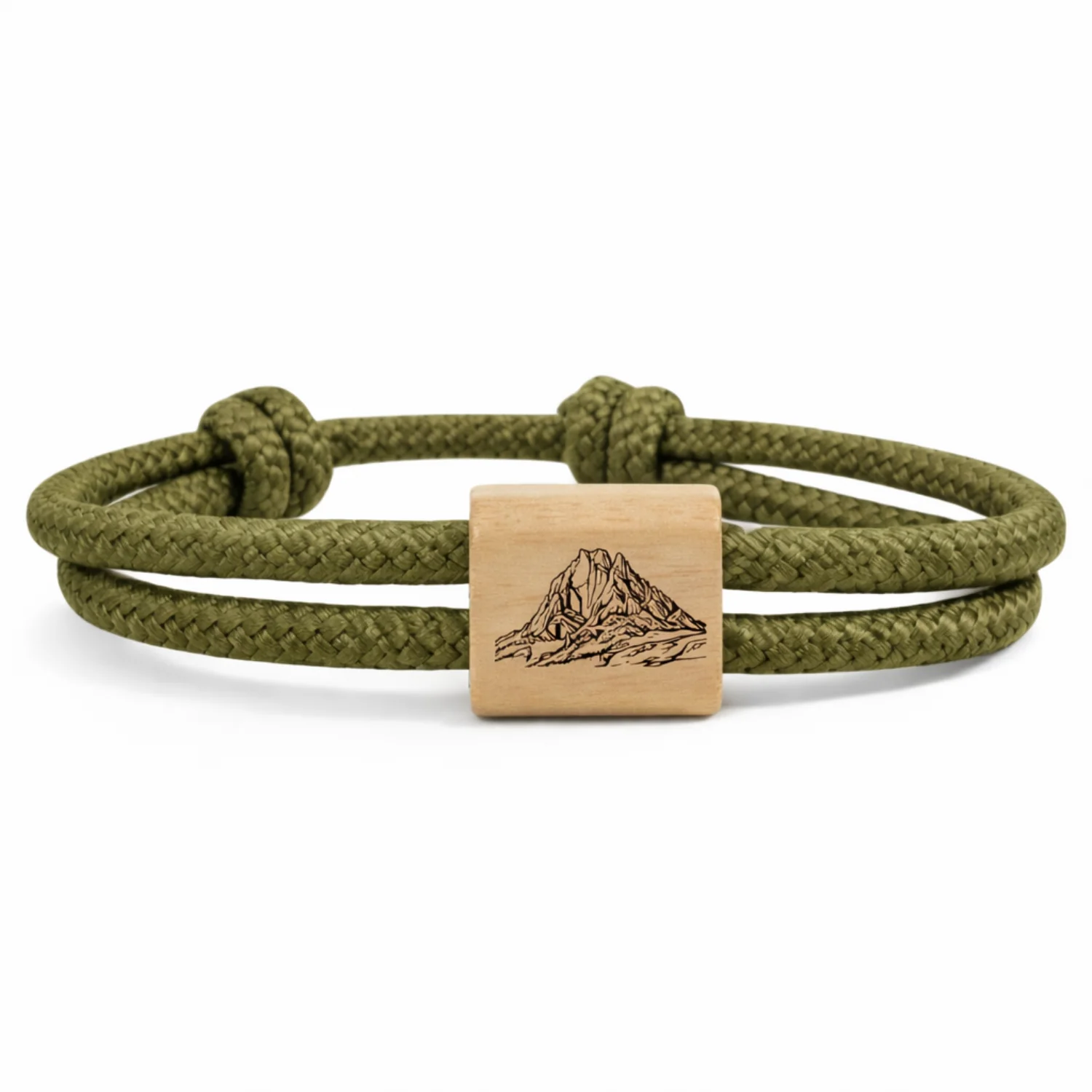Silhouette du Pic du Midi d'Ossau gravée sur un passant en bois, cordon vert olive