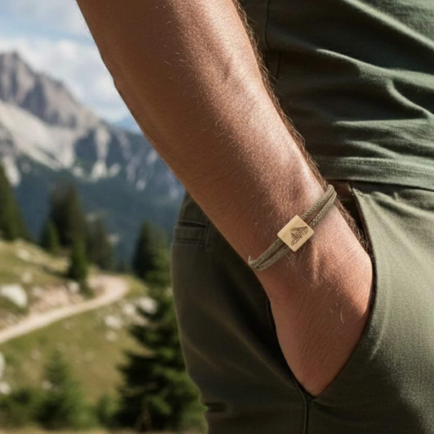 Bracelet porté au poignet d'un randonneur, sentier et montagnes en arrière-plan