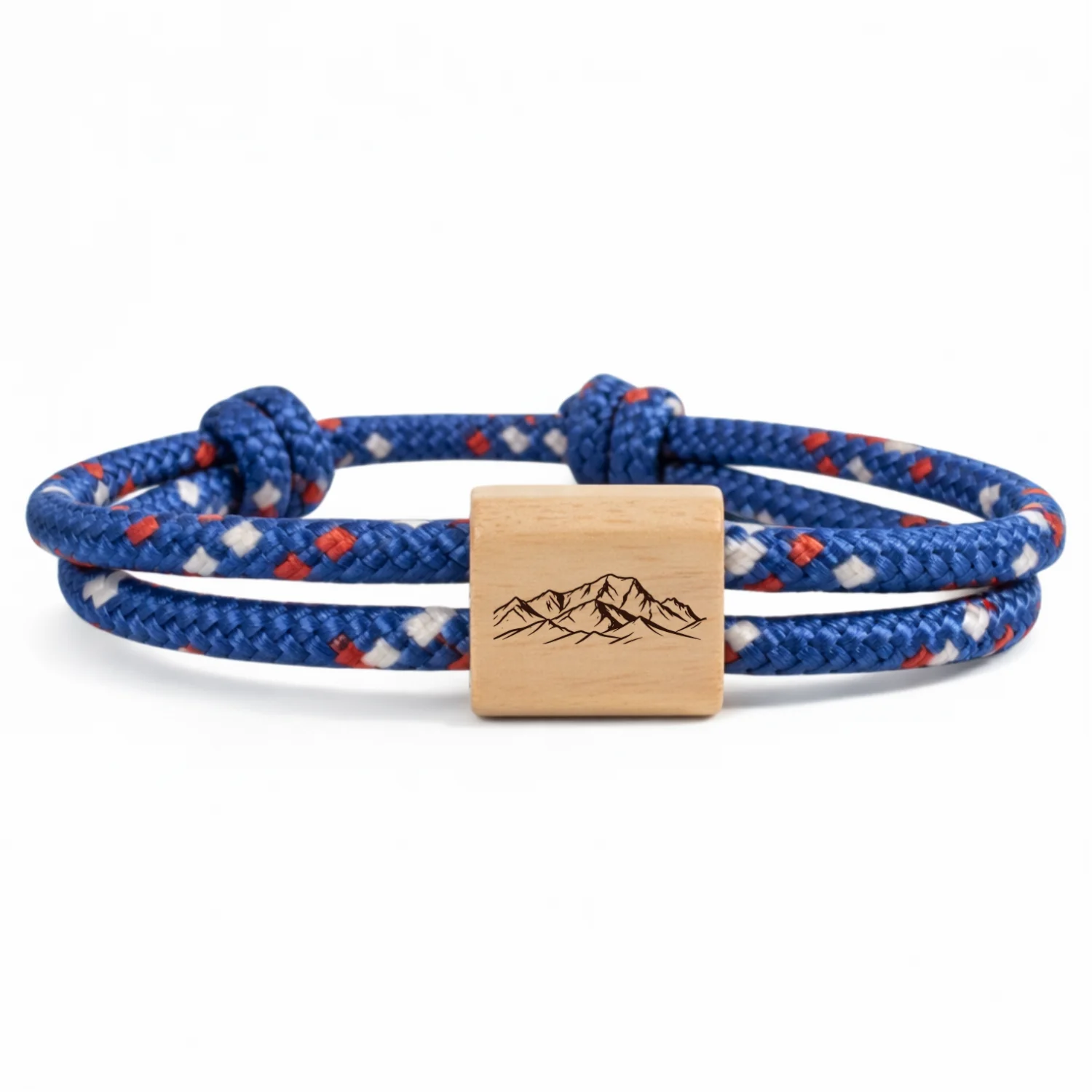 Silhouette du Mont Blanc gravée sur le passant, cordon bleu moucheté blanc et rouge